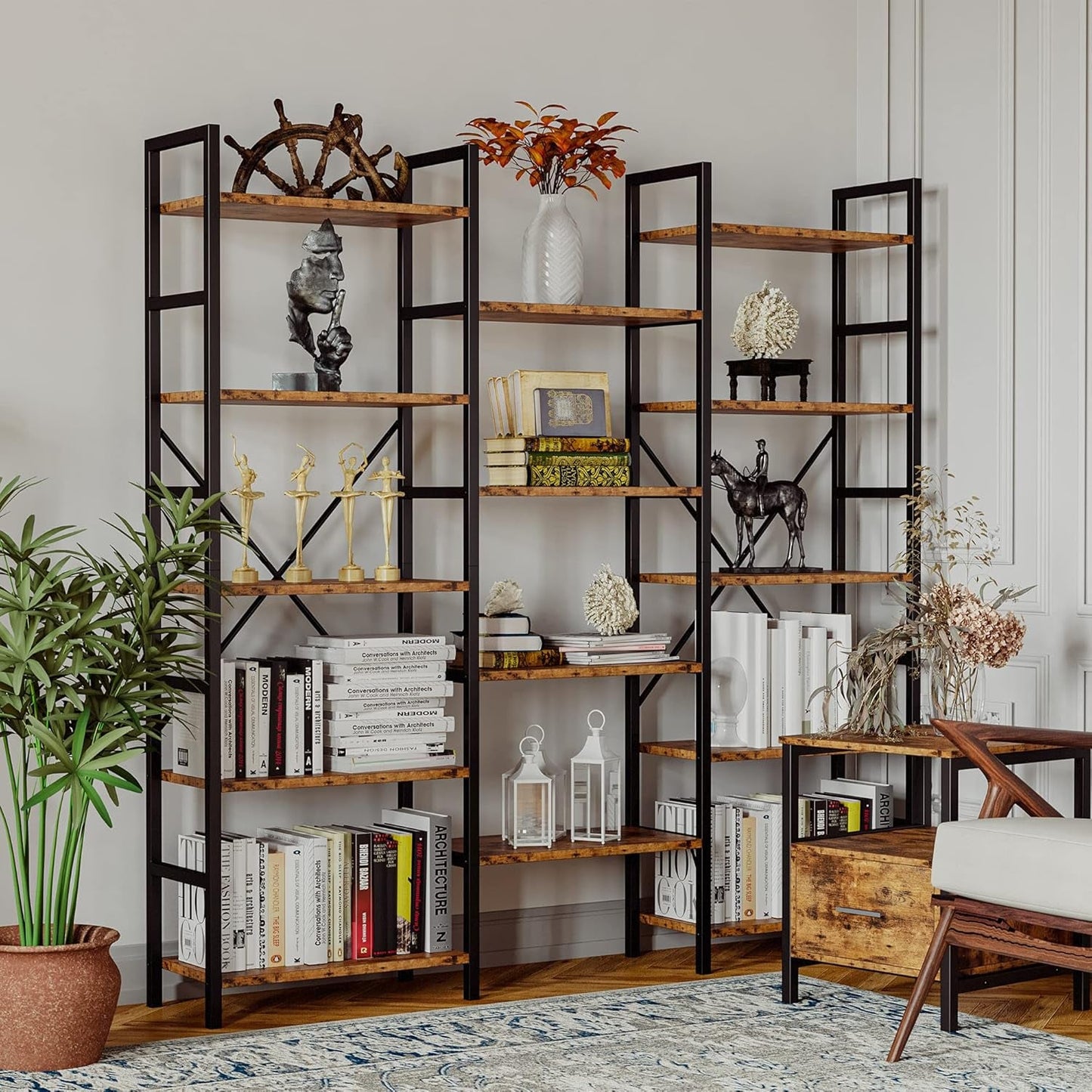 Triple Wide 5 Tier Industrial Bookshelf Matte Black
