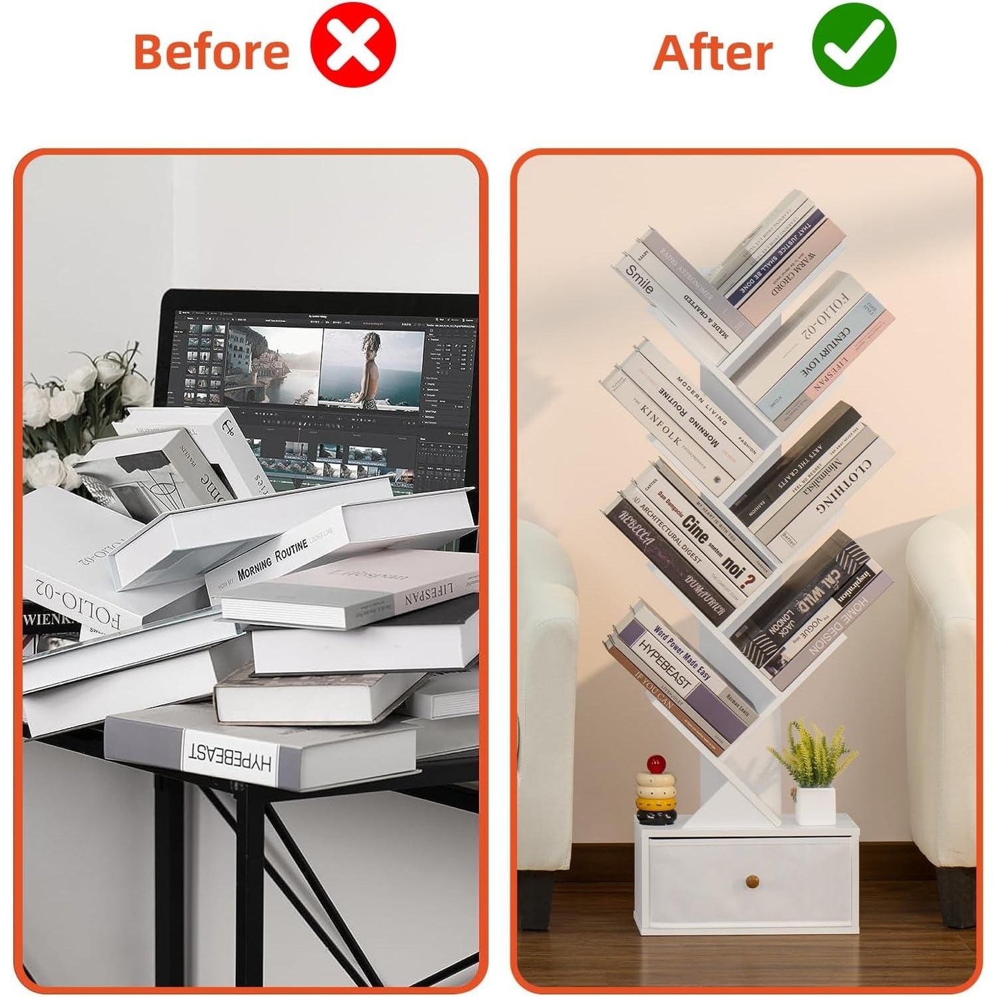 8 Tier Tree Bookshelf With Drawer White Wood Space Saving