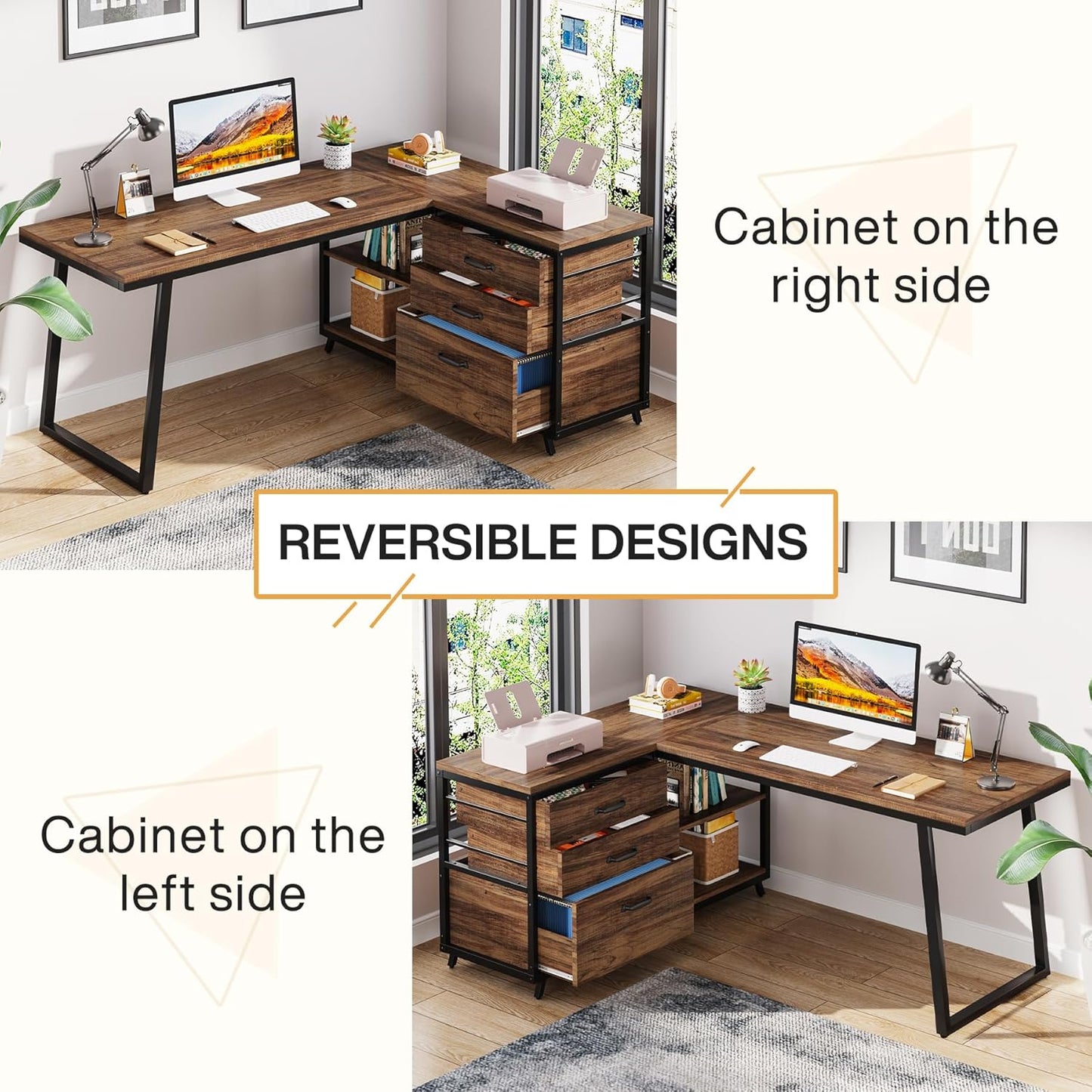 53" Reversible L-Shaped Computer Desk with 3 Drawers
