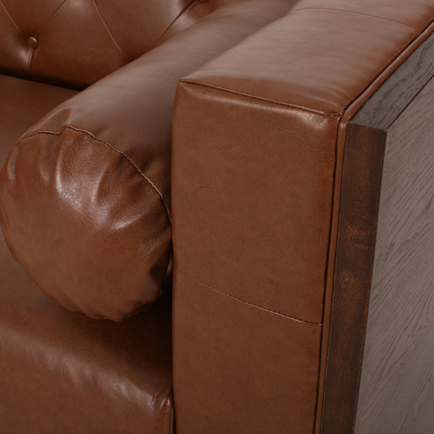 Contemporary 3-Seater Sofa with Tufted Design in Light Brown PU and Wood Accents