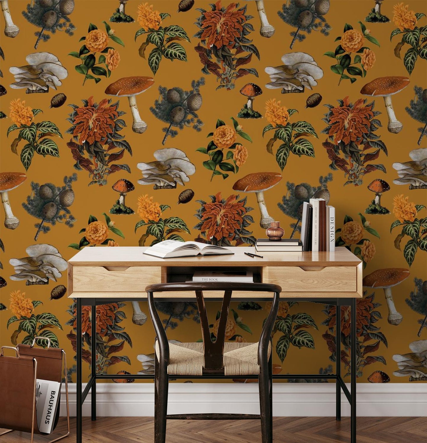 Mushrooms Wallpaper, gold & marigold