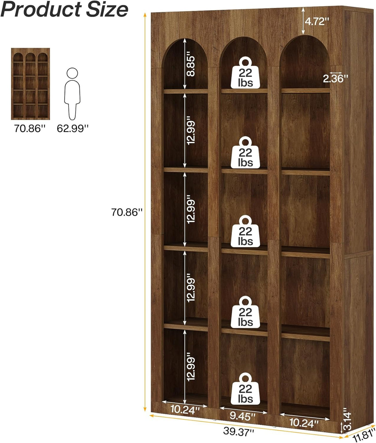 70.87" 5-Tier Rustic Brown Farmhouse Arched Bookcase