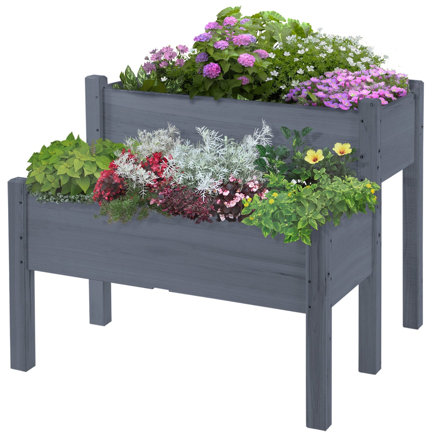 Outsunny 34'x34'x28' Raised Garden Bed, 2-Tier Elevated Wood Planter Box for Backyard, Patio to Grow Vegetables, Herbs, and Flowers, Gray