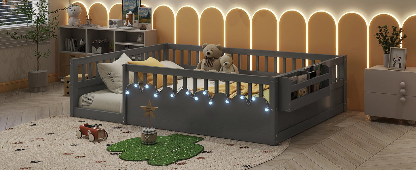 Full Montessori Floor Bed Frame with High Rails, Wood Kids Floor Beds with Light and Storage Shelf, Gray(Expect Arrival Date 2025/8/15)