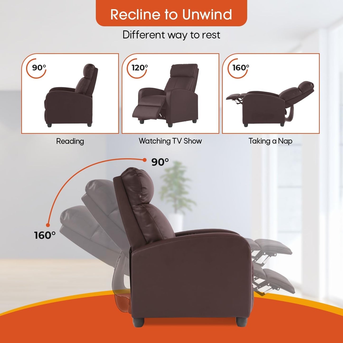 Recliner Chair Brown Adjustable Living Room Armchair