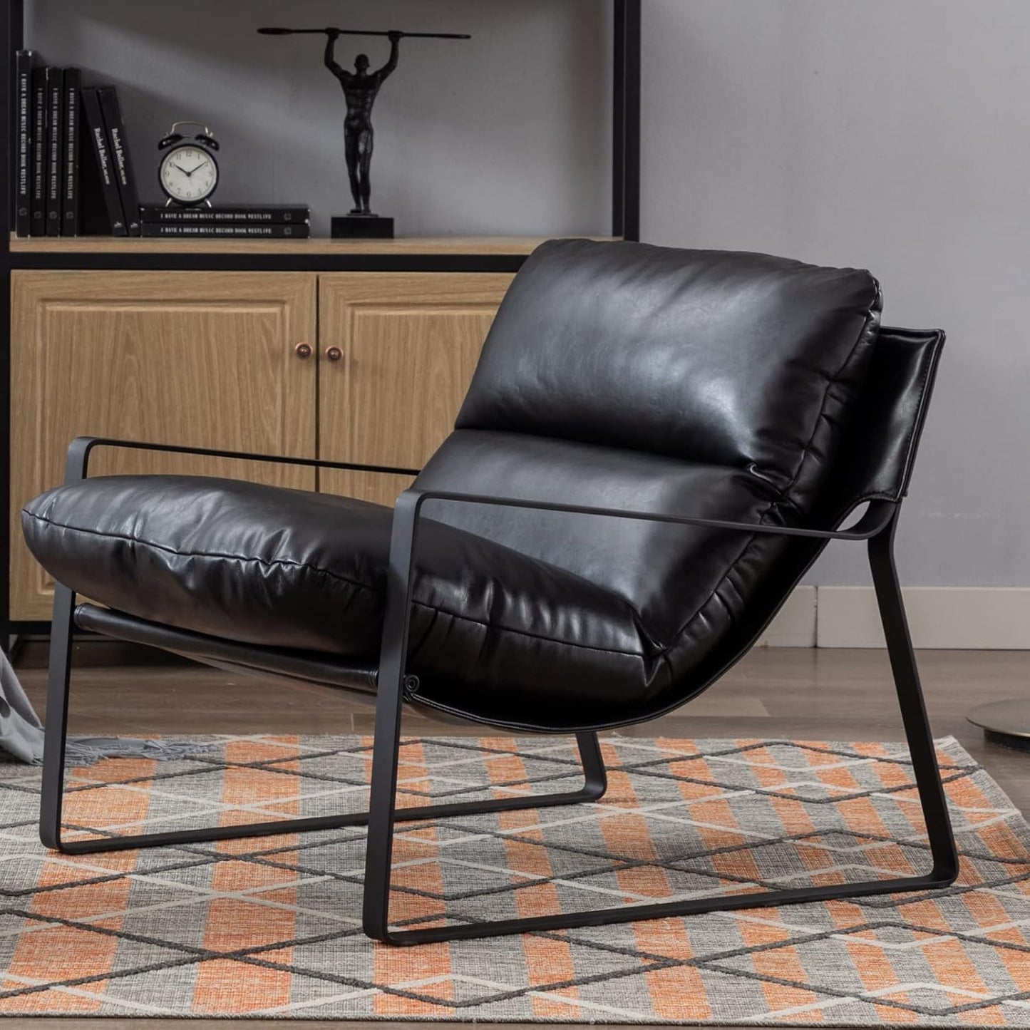 Black PU Leather MidCentury Upholstered Leisure Armchair