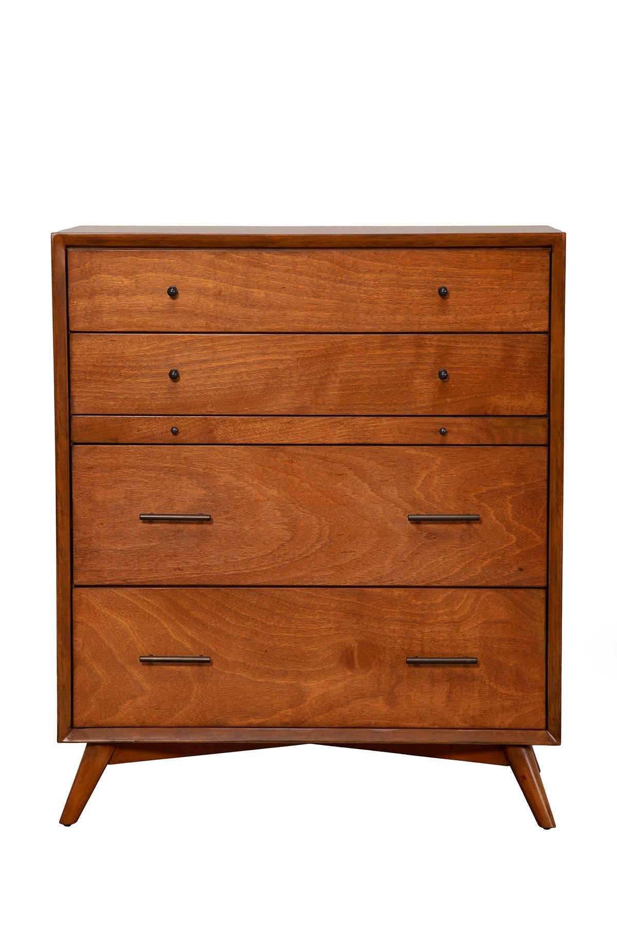 Flynn Chest, Chestnut - Mid-Century Modern furniture with four drawers and a pull out tray.