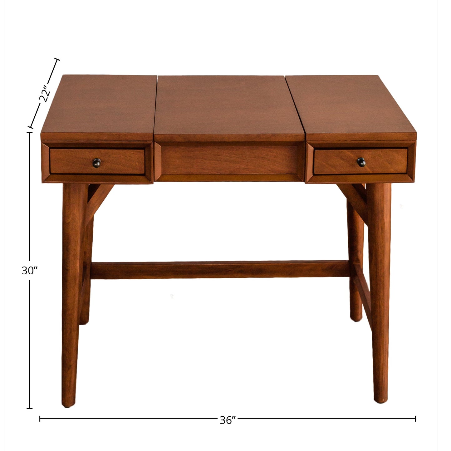 Flynn Bedroom Vanity in Chestnut with two drawers and a large tabletop, showcasing Mid-Century design.