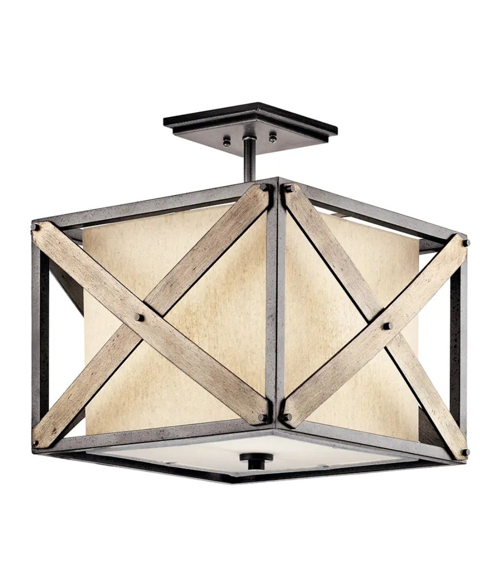 Cahoon 16"W 1-Light Anvil Iron Finish Square Shade Pendant/Semi-Flush Mount Light Fixture by Kichler