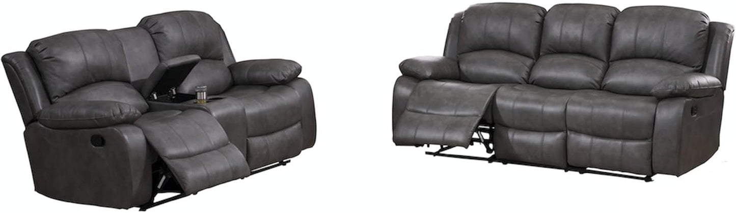2 Piece Bonded Leather Reclining Sofa Loveseat Set Gray Living Room Furniture Set 8018