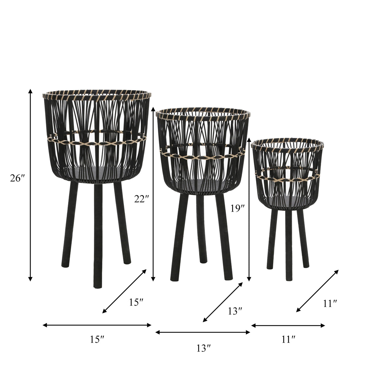 S/3 BAMBOO PLANTERS 11/13/15', BLACK