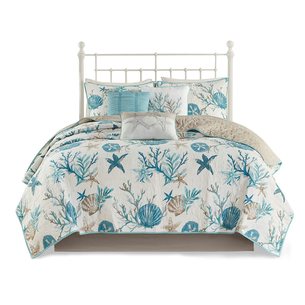 6 Piece Cotton Sateen Quilt Set with Throw Pillows Aqua Full/Queen