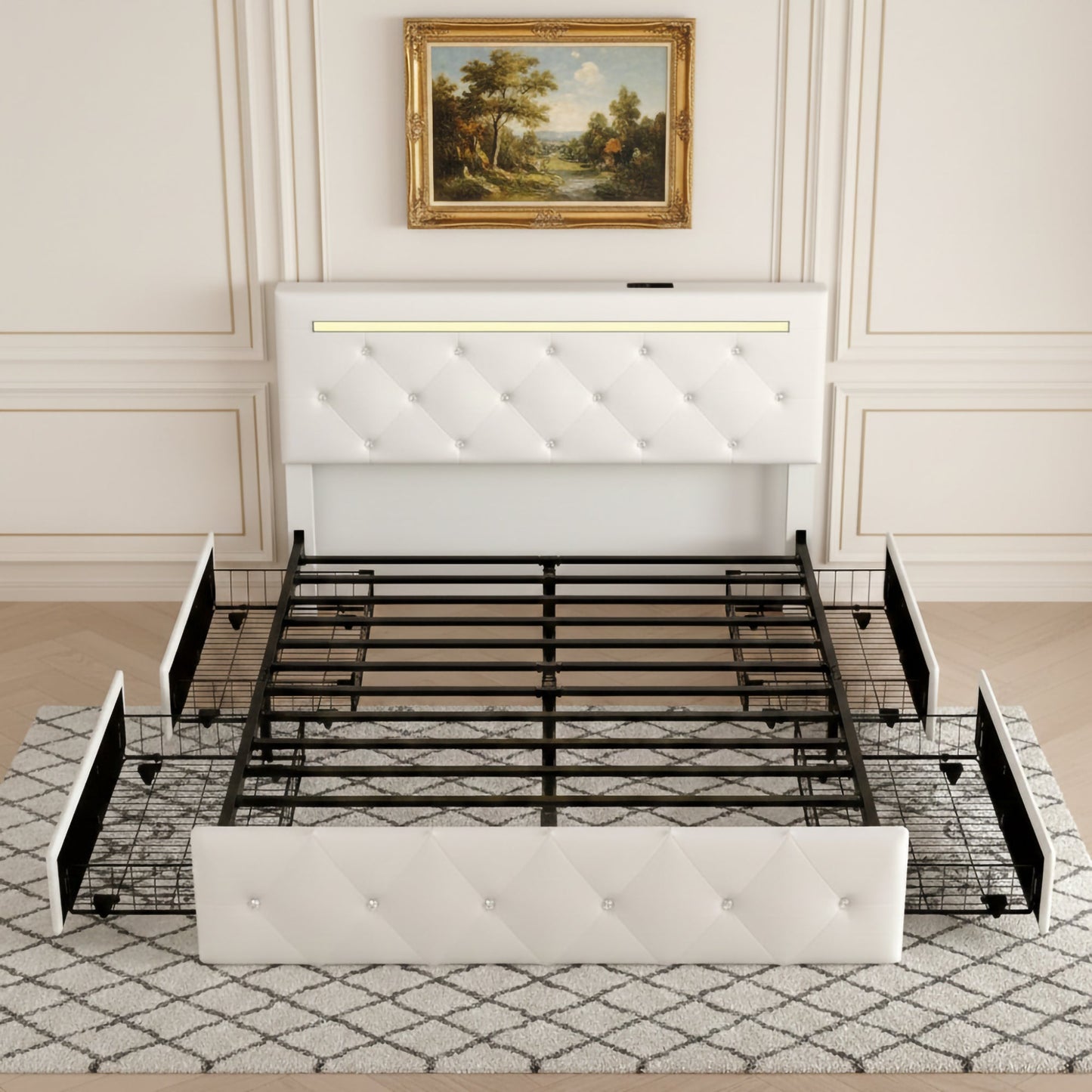 Queen Size Bed Frame with LED Light and 4 Storage Drawers