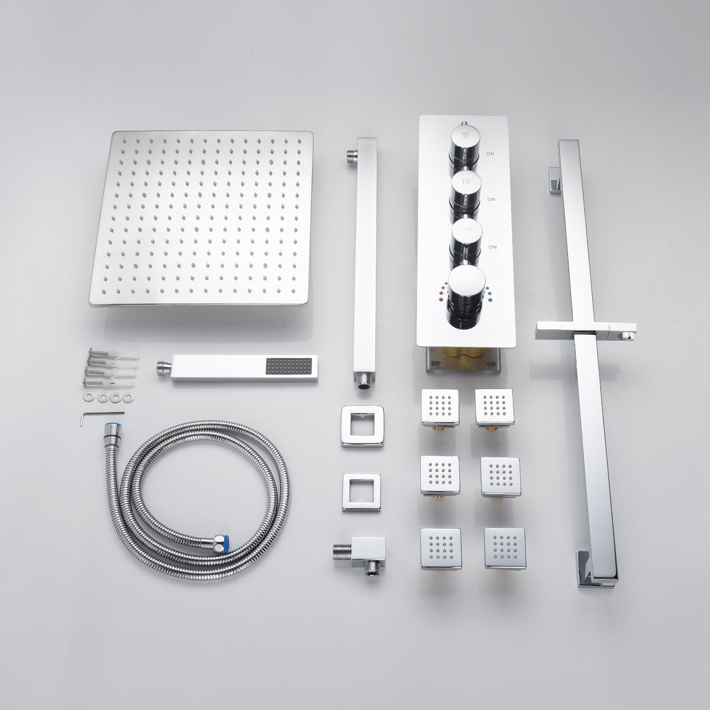 Chrome 12inch LED light or 6 inch regular head Wall mount 3 way thermostatic shower faucet with 6 body jets and sliding bar