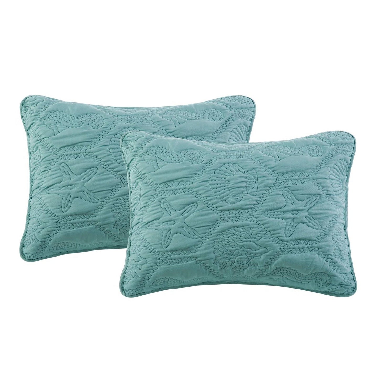 Queen Coastal Beach Starfish Seashell Seahorse Aqua Blue Teal 3-Piece Quilt Set