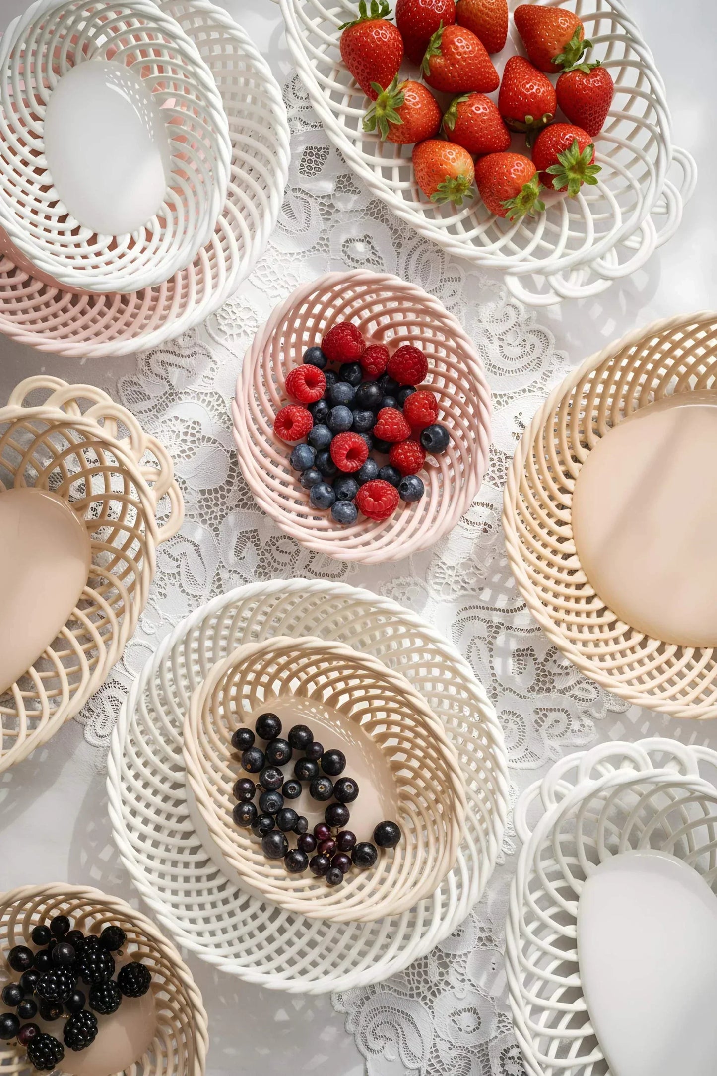 Ceramic Round Hand-Woven Basket – White, Beige & Pink Glazed Porcelain