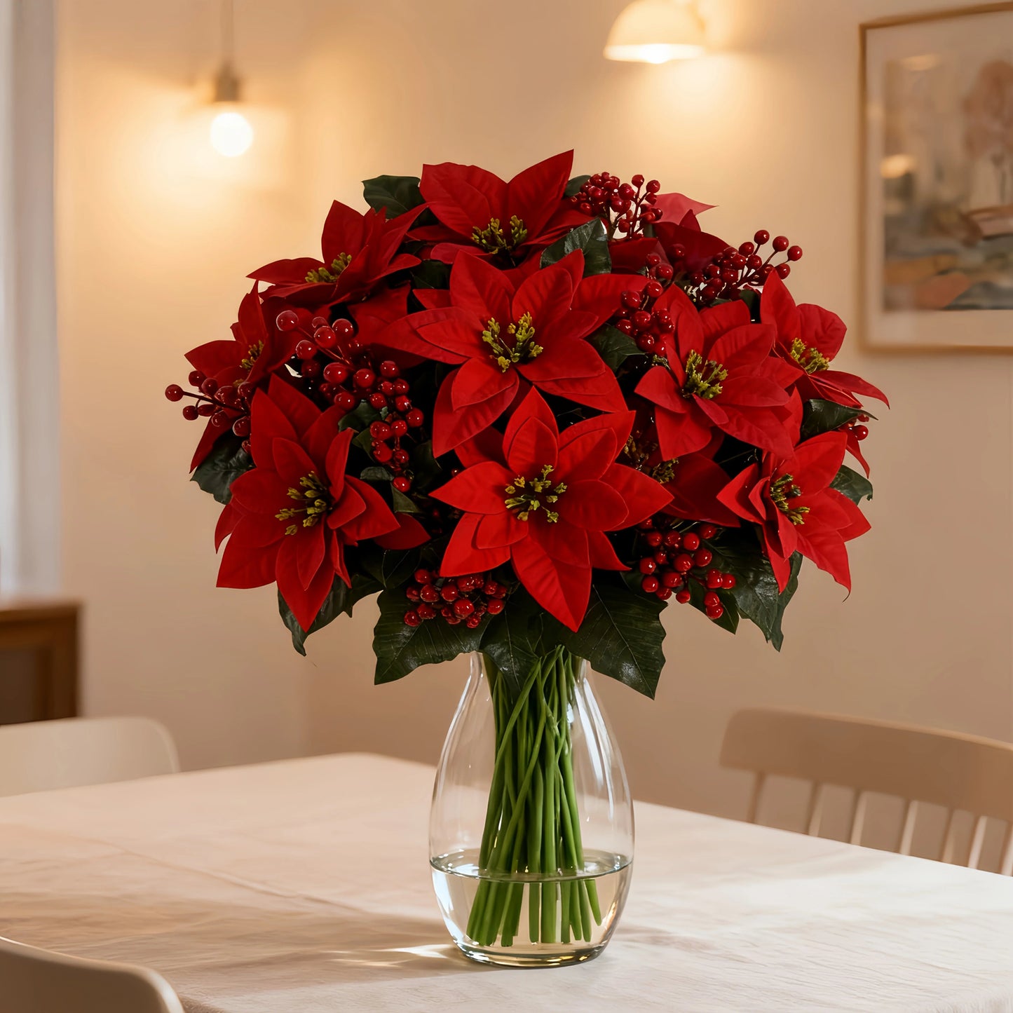 Artificial Poinsettia Flower Bundle - Red 12pc Christmas Wreath with Foliage