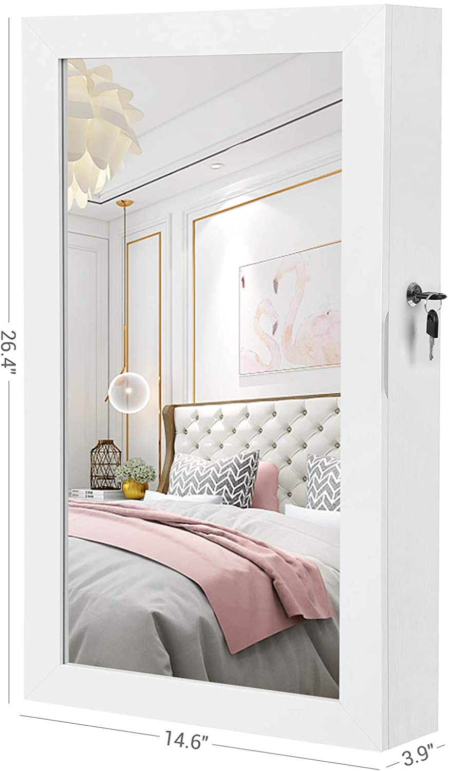 Lockable Jewelry Cabinet Armoire with Mirror, Wall-Mounted Space Saving Jewelry Storage Organizer White