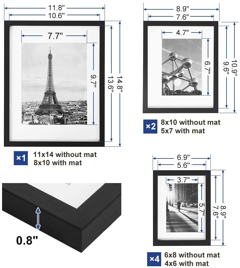 Picture Frames Set of 7 Pieces, One 11" x 14", Two 8" x 10"