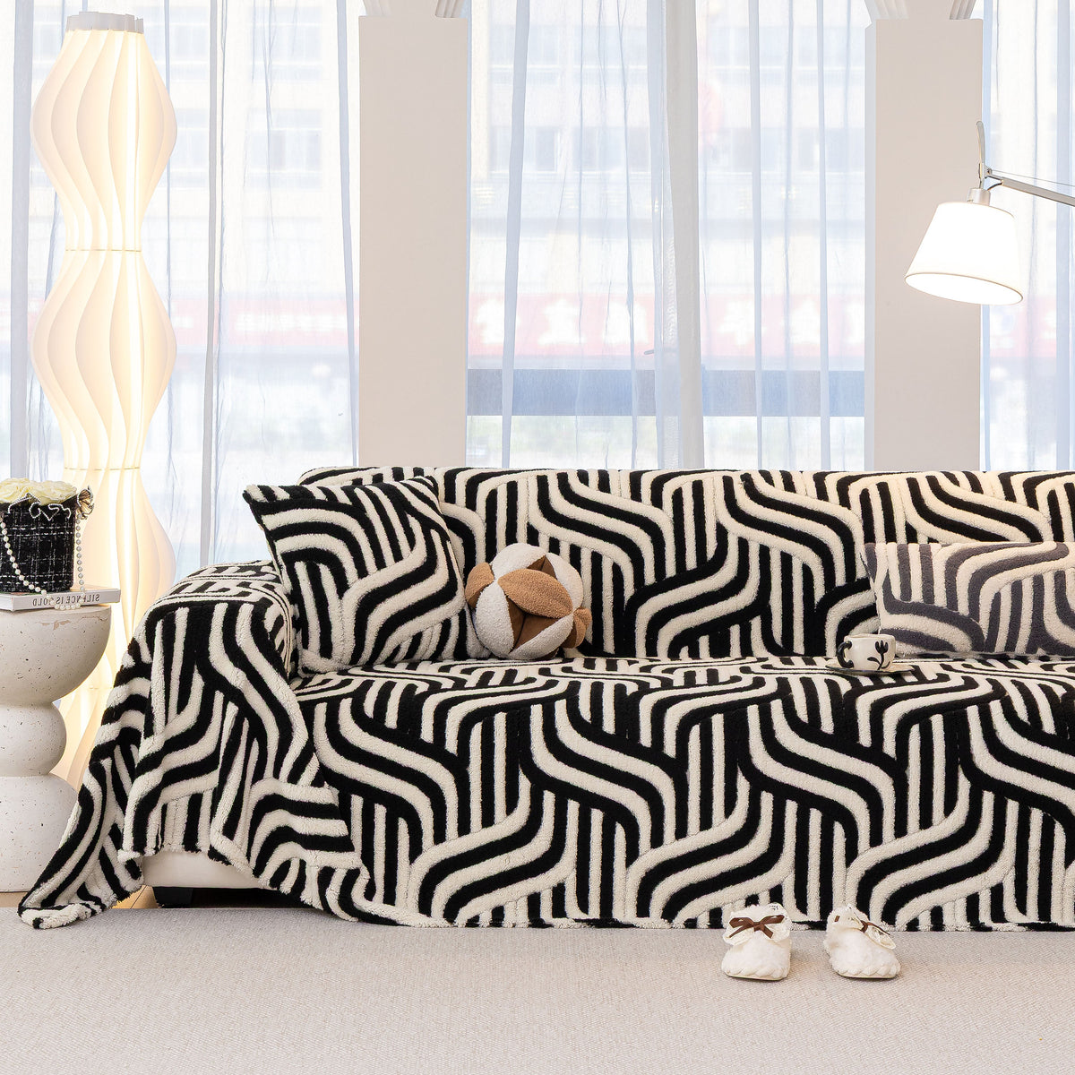 Plush Sherpa Sofa Throw Cover for Sectional, Jacquard Wave Throw Furniture Protector