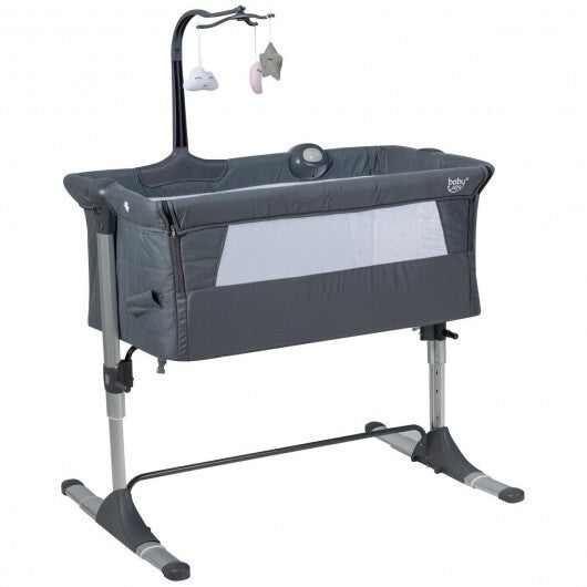 Height Adjustable Baby Side Crib with Music Box & Toys-Dark Gray