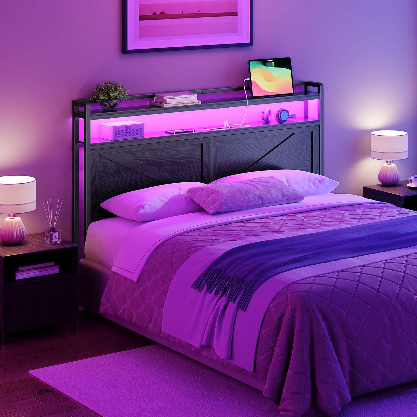 Queen Size Headboard with Charging Station, LED - Black