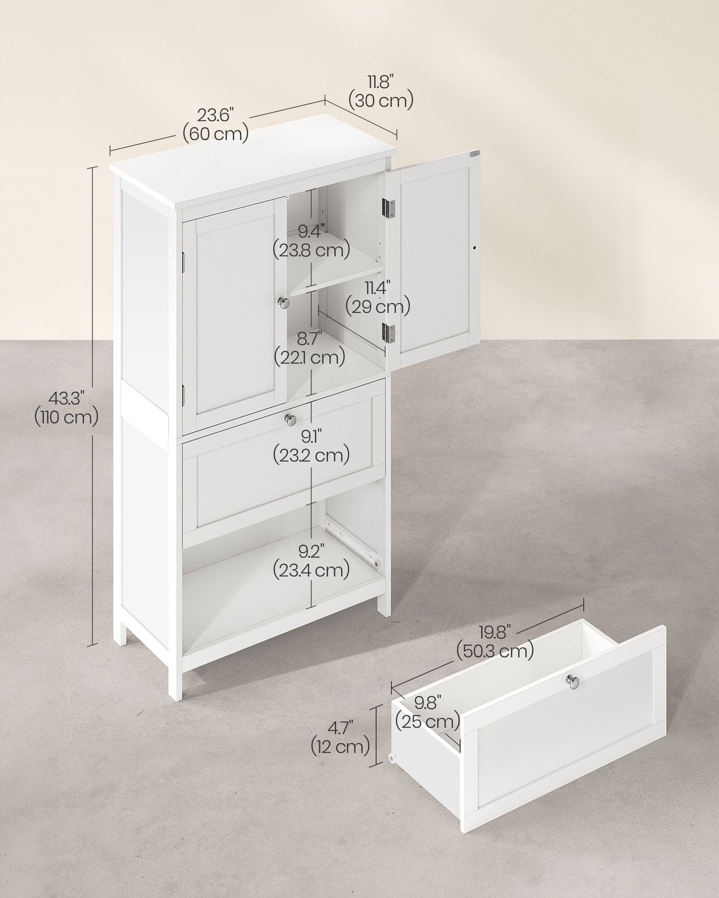 Bathroom Floor Storage Cabinet with 2 Drawers and 2 Doors