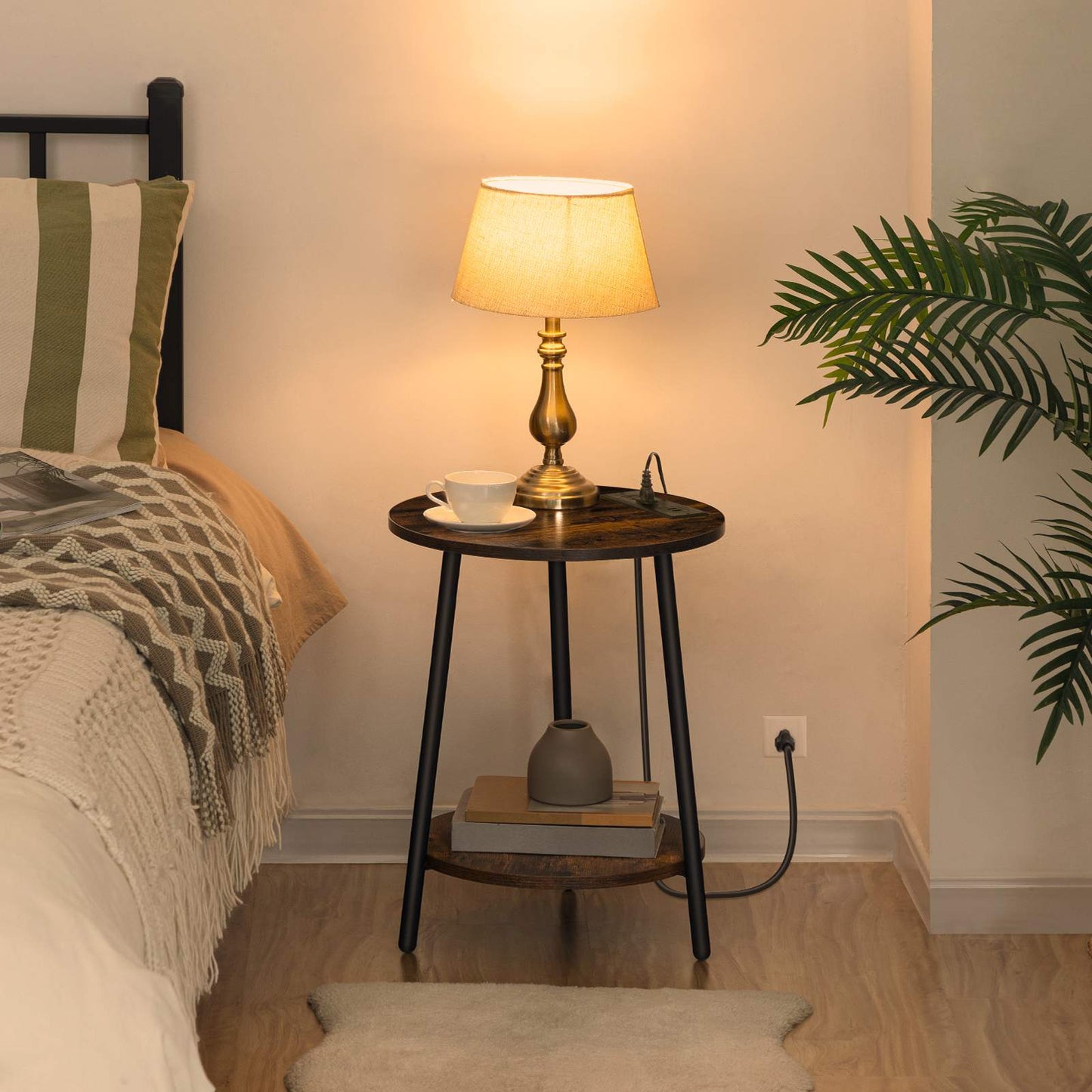 Round End Table with Charging Station - Rustic Brown