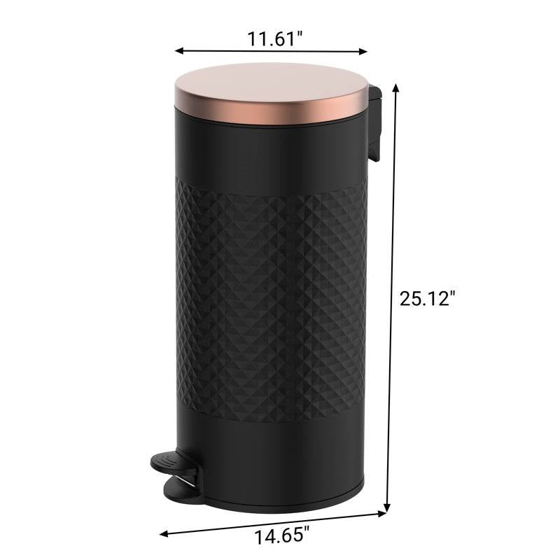 Hands Free Black Gold Metal Step On Trash Can 8 Gallons with measurements shown in the image.
