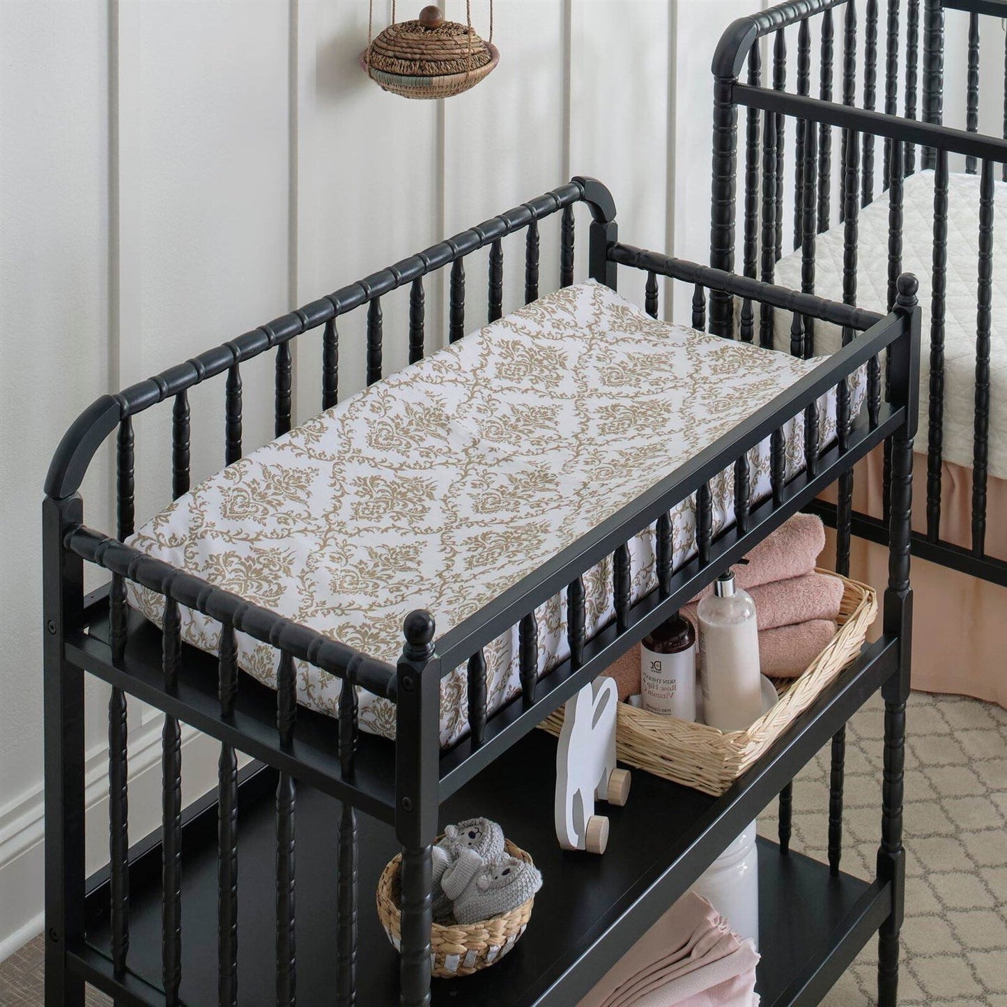 Changing Table Black Wood Finish with 1 inch Waterproof Pad featuring a stylish design and soft fabric.