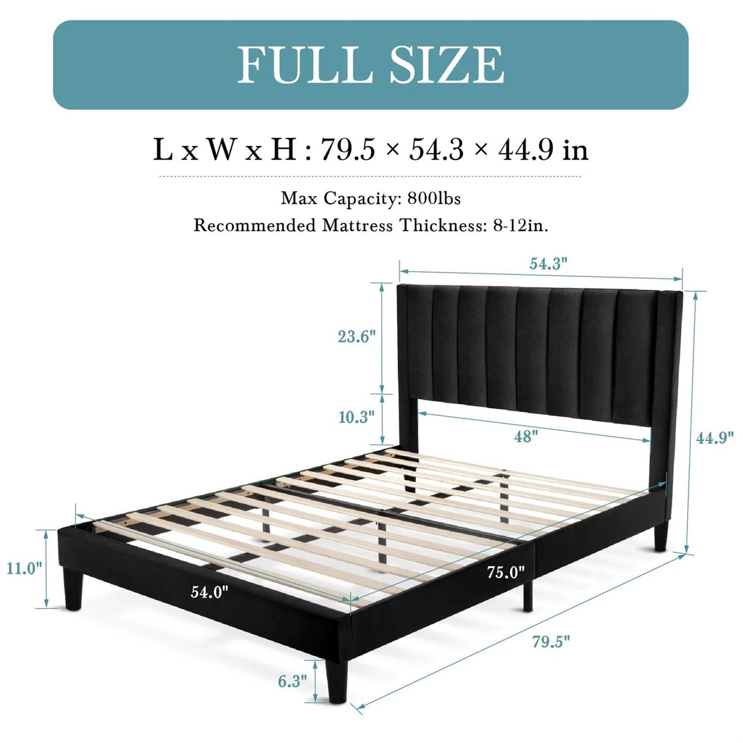 Black bed frame with dimensions and specifications on a white background