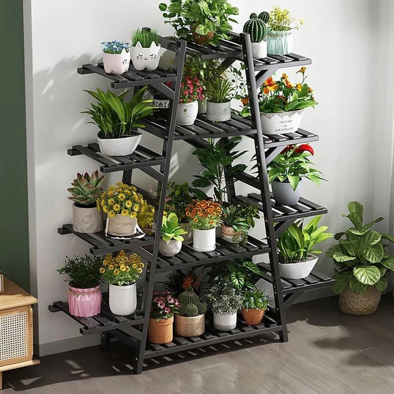 Indoor Outdoor 12-Shelf Black Wood Triangular Flower Pot Plant Stand