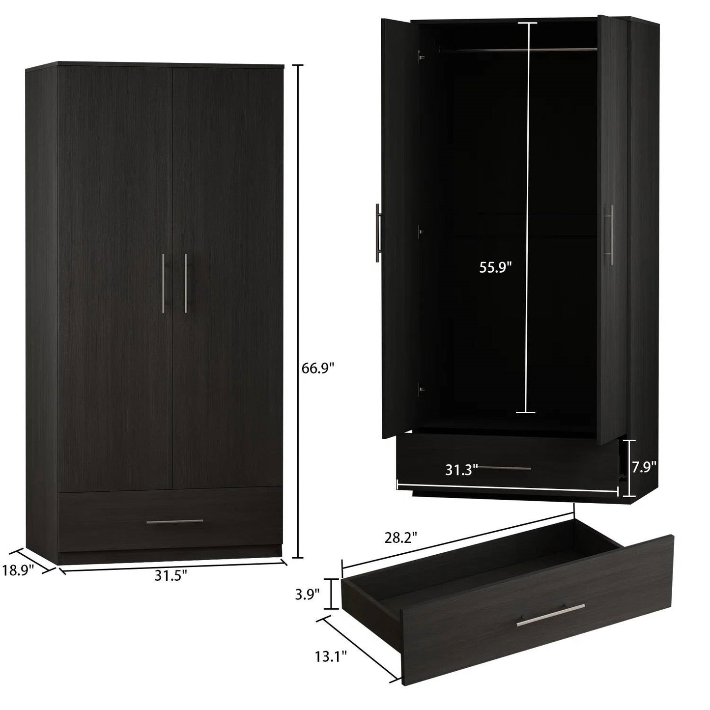 Black wardrobe with dimensions displayed on a white background