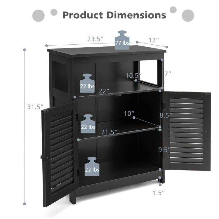 Black storage cabinet with dimensions and weight labels on a white background