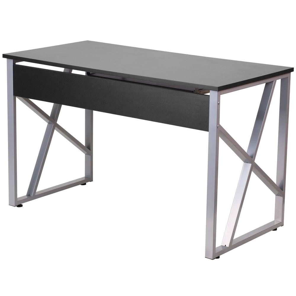 Modern desk with a black top and silver metal frame on a white background
