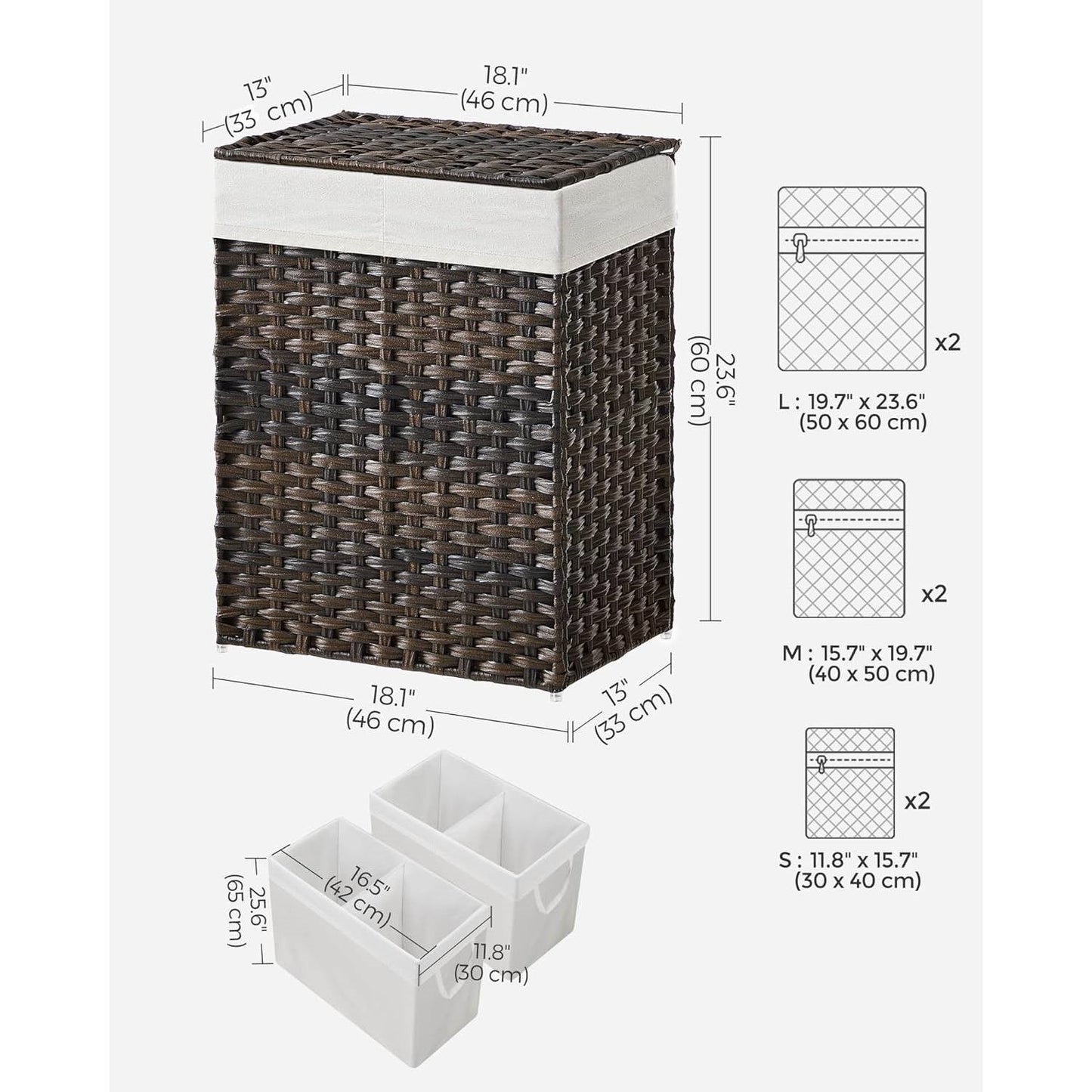 Wicker laundry basket with dimensions and additional storage bins shown.