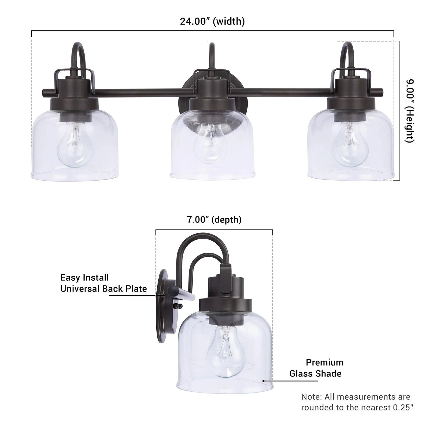 Brighton 3-Light Dark Bronze Dimmable Bathroom Vanity Light