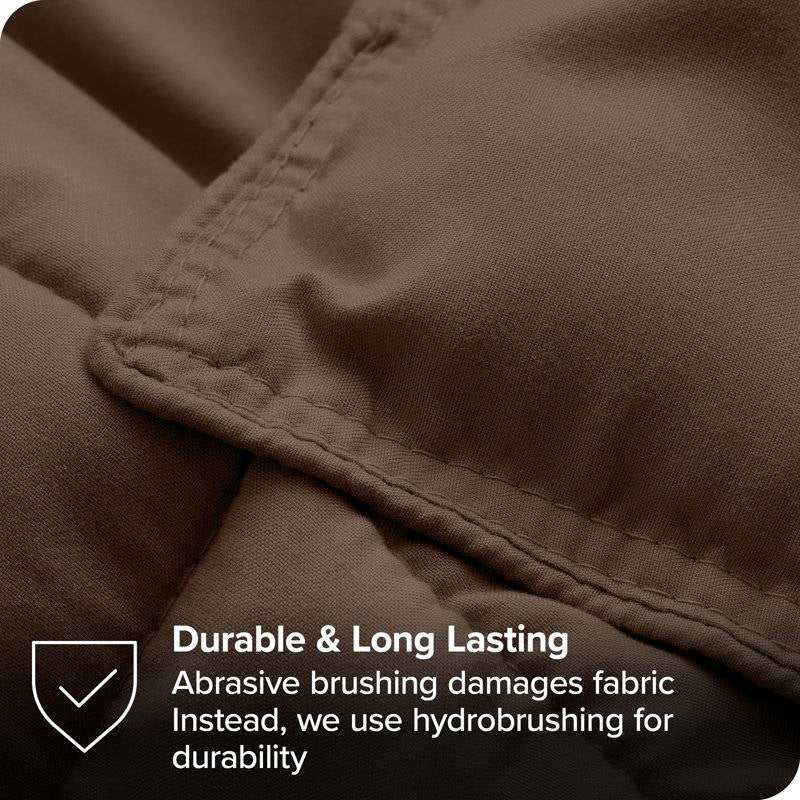 Brown fabric with hydrobrushing texture and durability text overlay