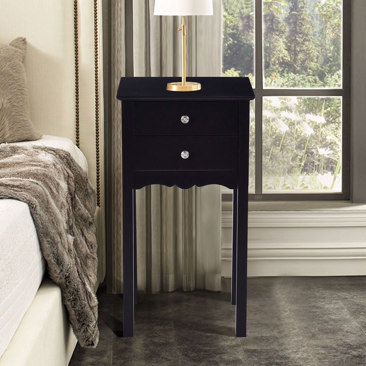 Elegant 2-Drawer End Table Nightstand Side Table in Black Wood Finish beside a bed with a lamp.