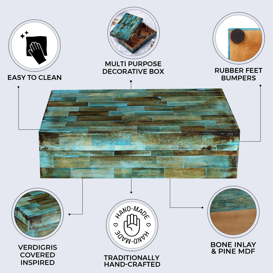 Decorative Storage Box, Bone Inlay in 7 Sizes, Verdigris