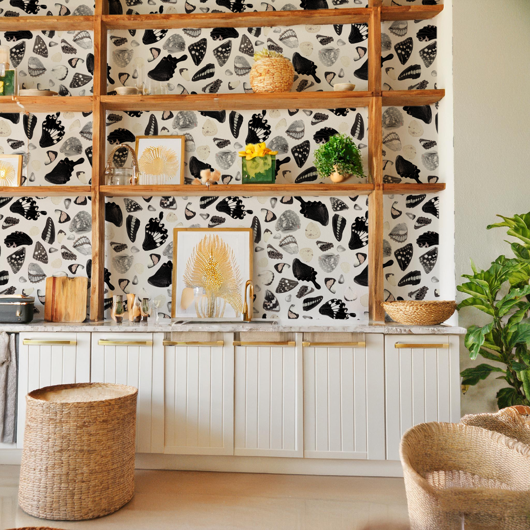 Butterfly Terrazzo Wallpaper, white and black