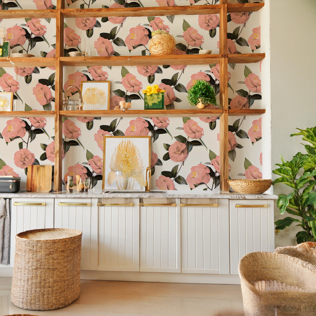 Camellia Wallpaper, white and coral