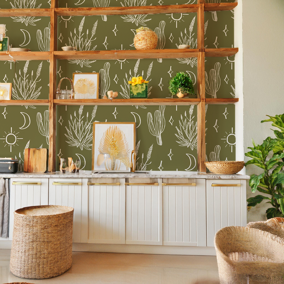 Desert Sky Wallpaper, large pattern, moss green and white