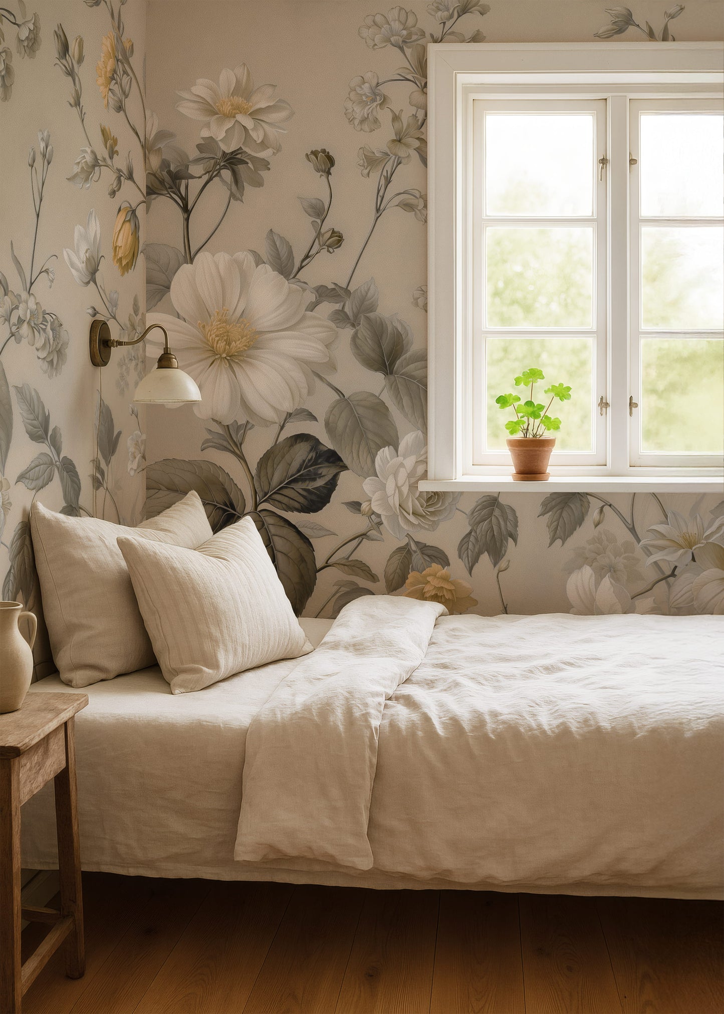 Cream & White Botanical Floral Wall Mural