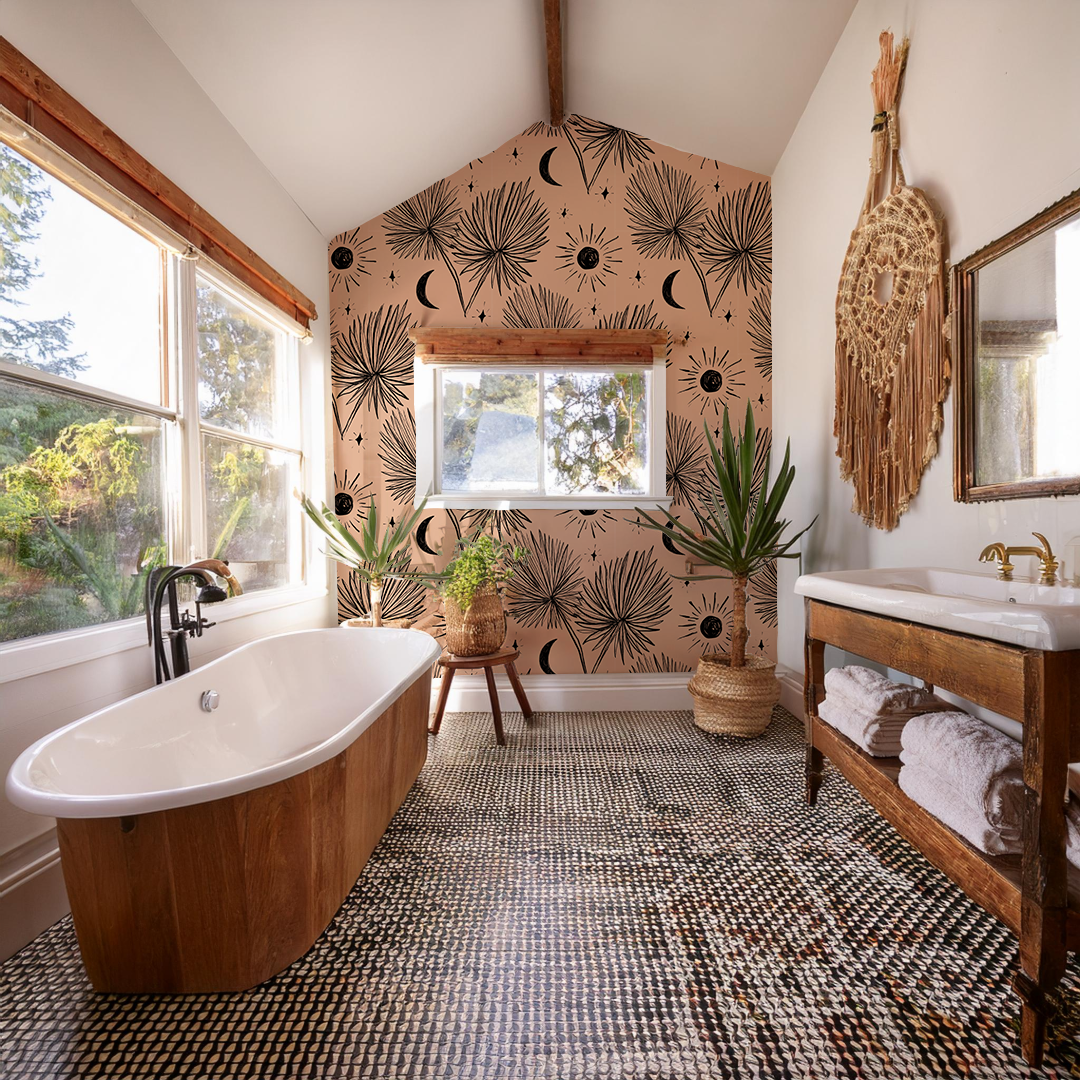 Night Palm Wallpaper, terra cotta and black