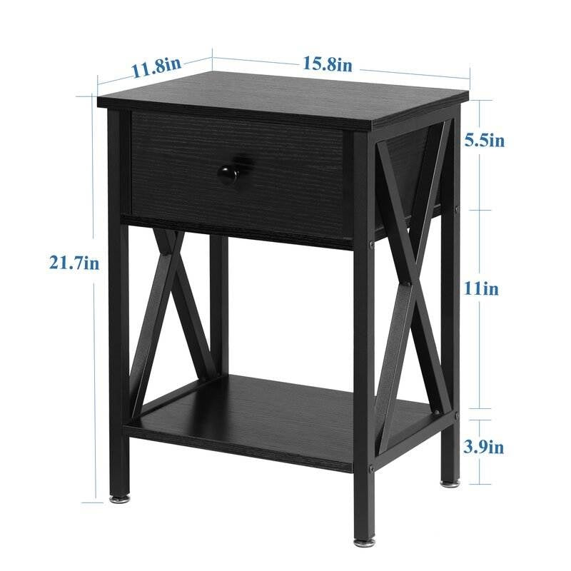 Set 2 Rustic Black Nightstands with Drawer Shelf X Design - dimensions and design features detailed.