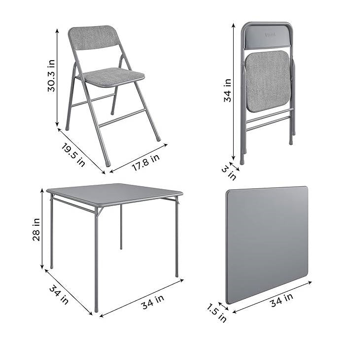 Dimensions of a folding chair and table on a white background