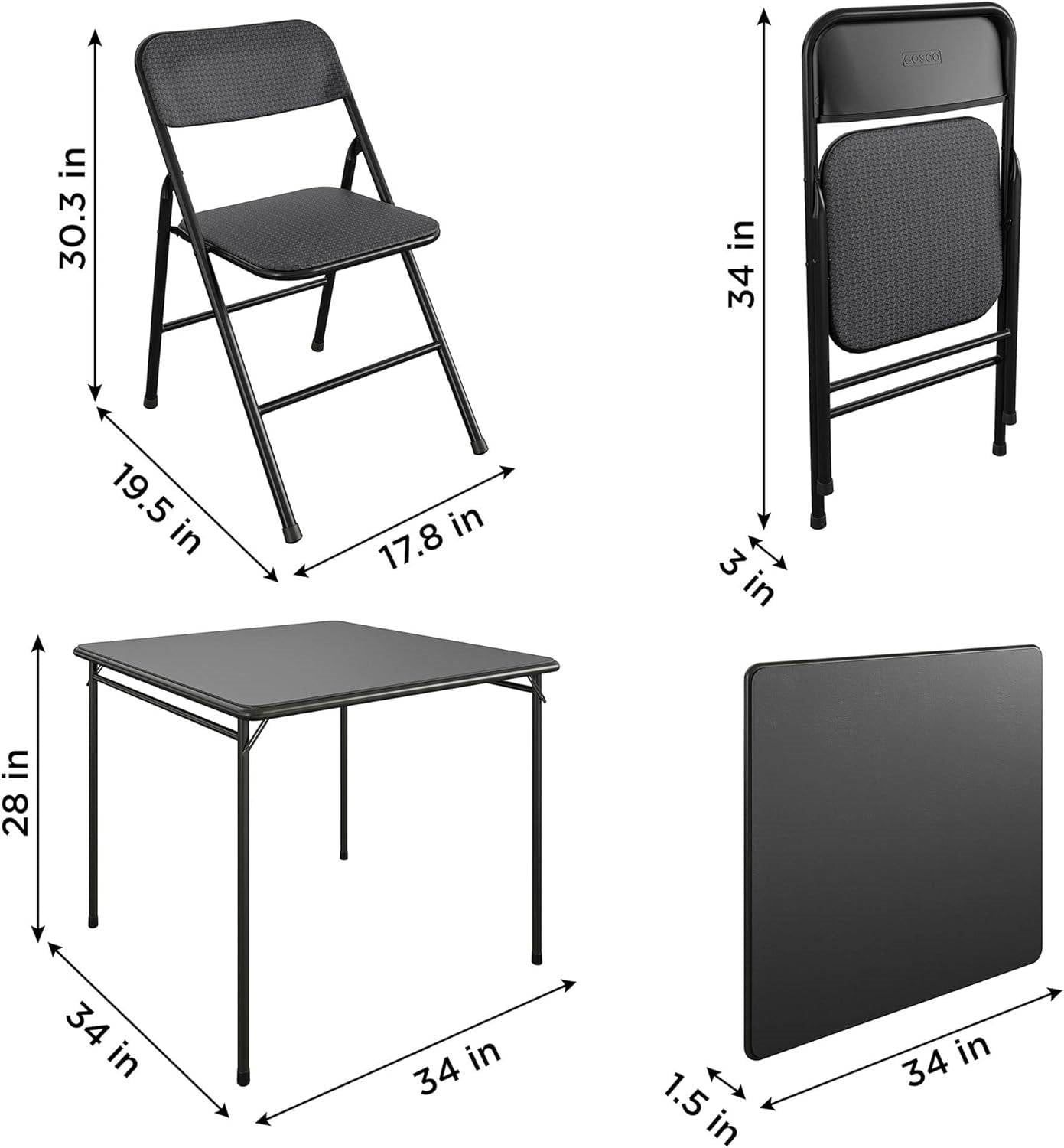 Black Square Folding Dining Table with Four Chairs Set dimensions and features including chair and table sizes.