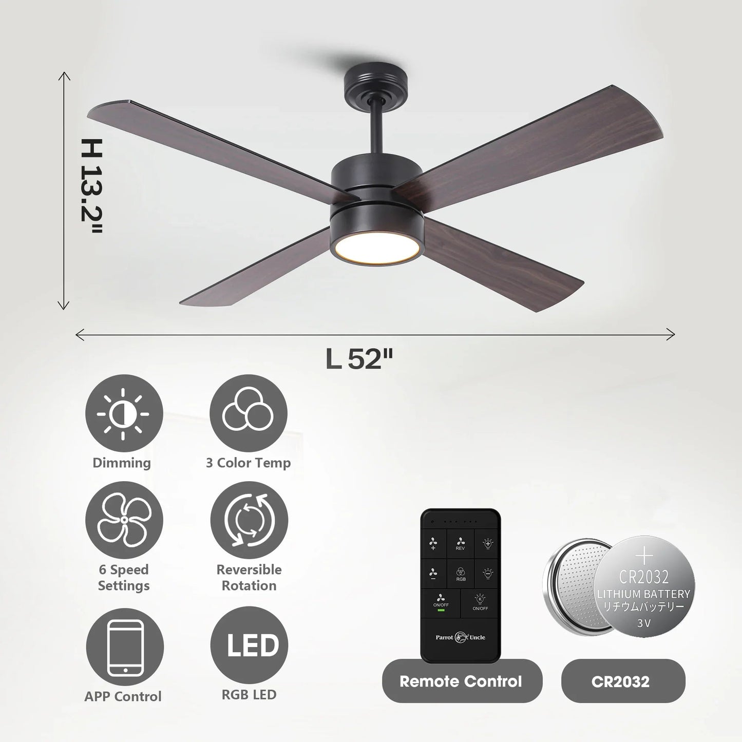 52 Inch Bucholz Industrial Dimmable RGB LED Ceiling Fan with Remote and APP Control