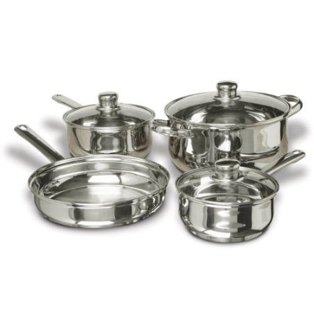 Set of stainless steel cookware including pots and pans on a white background